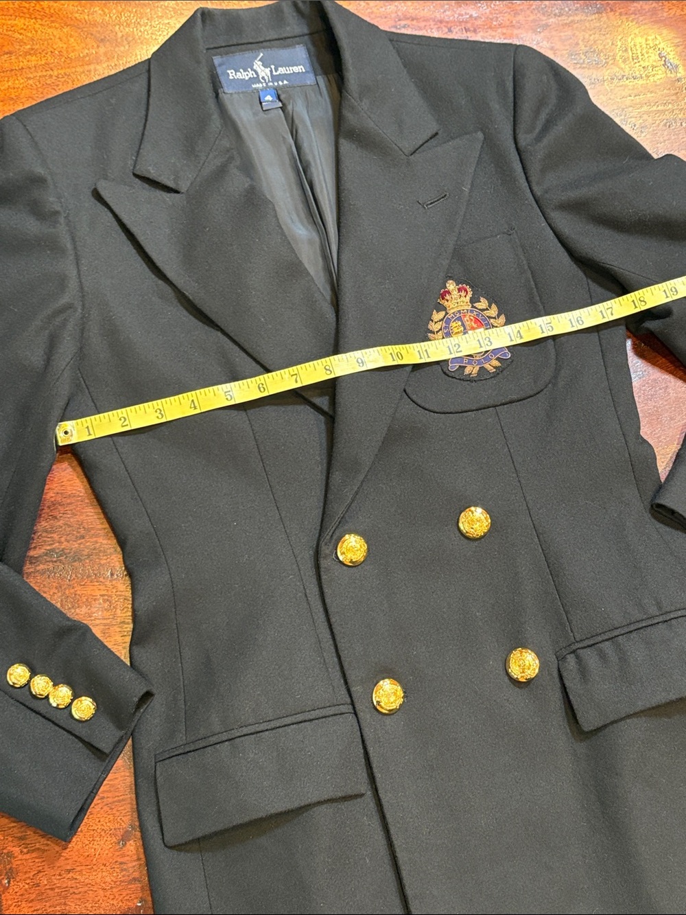 Vintage Ralph Lauren Blue Label 80s Wool Cashmere Black Logo Blazer Suit Coat 4 - Picture 11 of 14